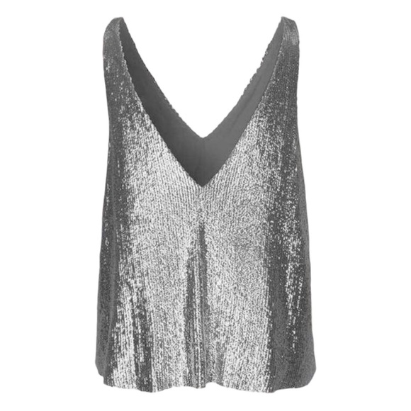 Samsoe & Samsoe Hale Silver Sequin Cami Top Double V Neck - Picture 2 of 5